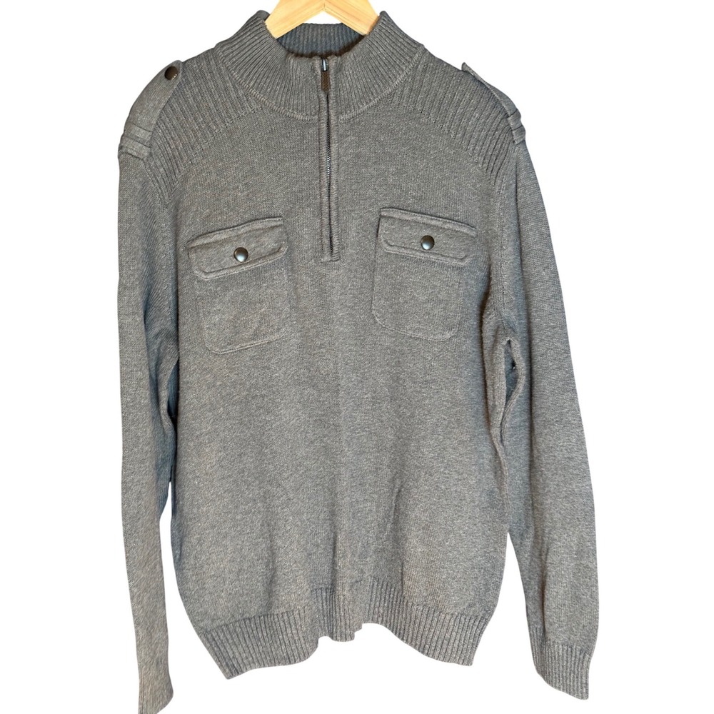 Apt 9 Mens Gray Quarter Zip‎ Military Style Sweater Epaulets Pockets XXL